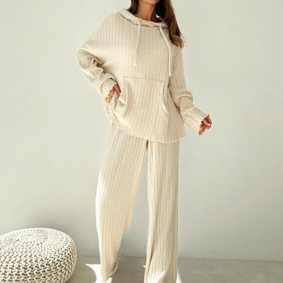 Khaki Casual Women's Hooded Sweatshirt & Wide Leg Pants Rib Knit Loungewear Set - Picture 2 of 7